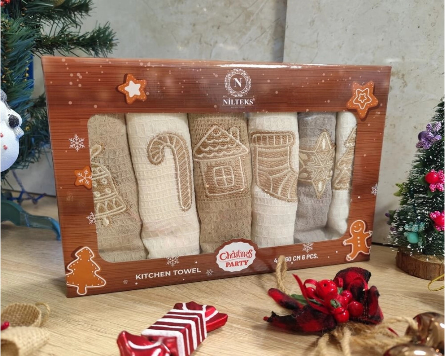 Набор новогодних полотенец кухонных Nilteks 6 штук 40х60 вафельные с вышивкой Christmas 4