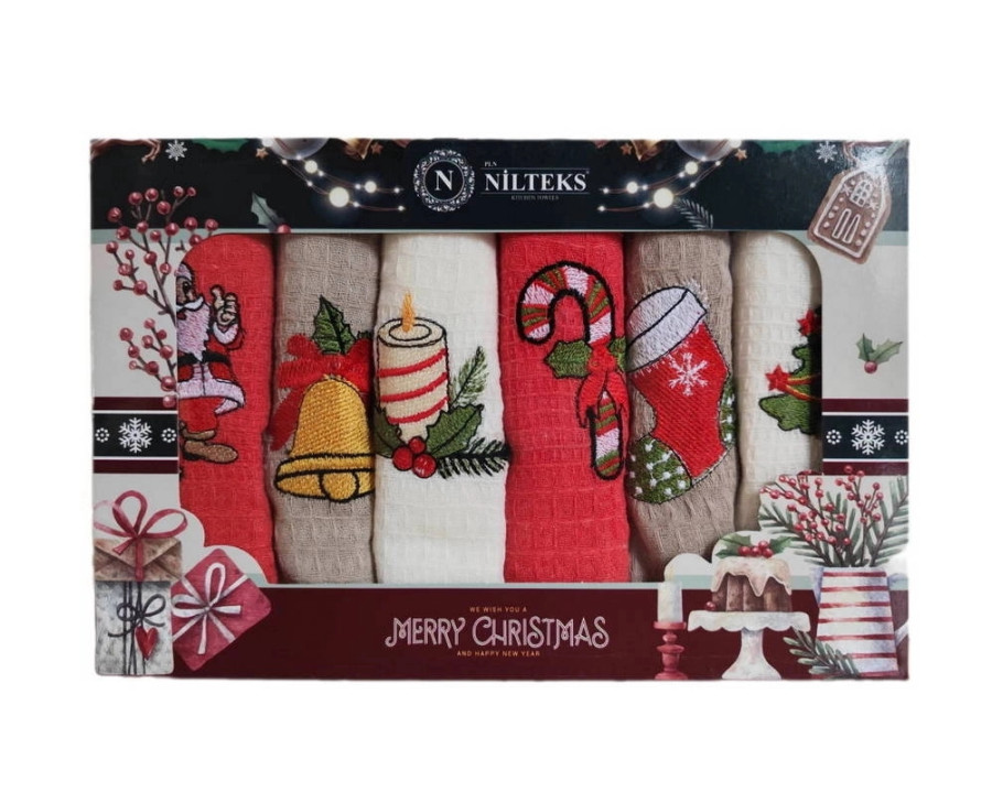 Набор новогодних полотенец кухонных Nilteks 6 штук 40х60 вафельные с вышивкой Christmas 2