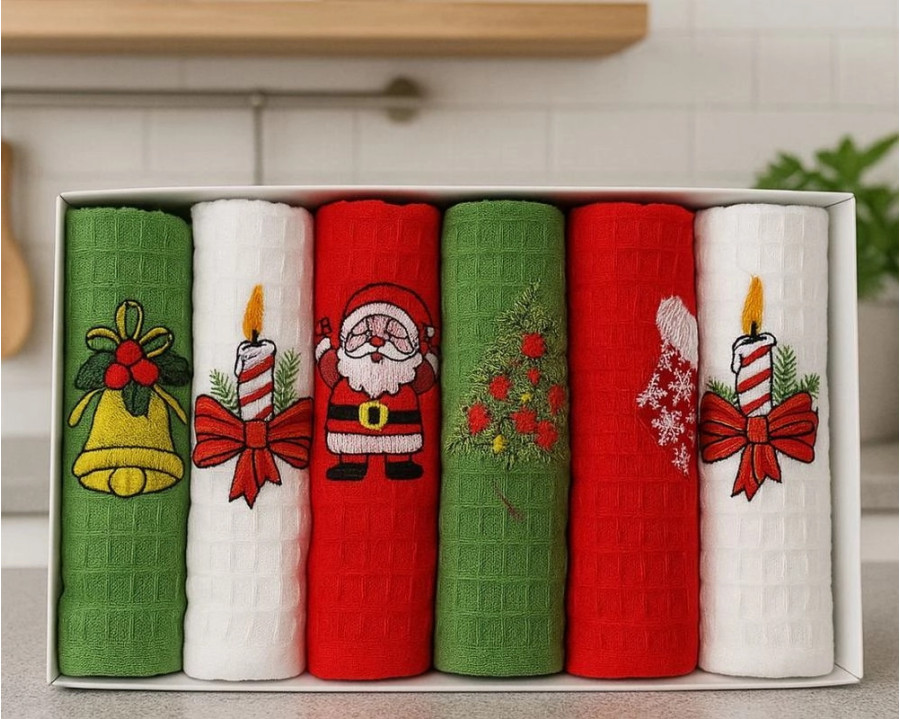 Набор новогодних полотенец кухонных Nilteks 6 штук 40х60 вафельные с вышивкой Christmas 5