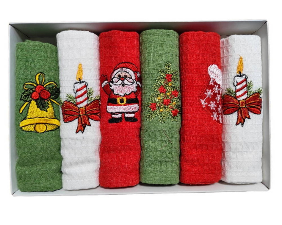 Набор новогодних полотенец кухонных Nilteks 6 штук 40х60 вафельные с вышивкой Christmas 5