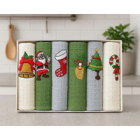 Набор новогодних полотенец кухонных Nilteks 6 штук 40х60 вафельные с вышивкой Christmas 6