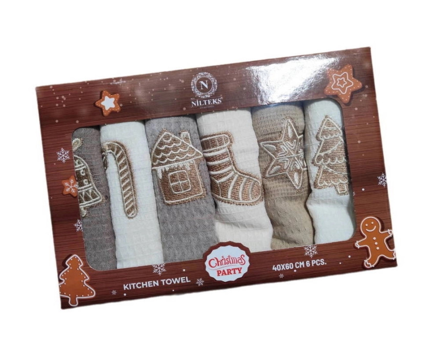Набор новогодних полотенец кухонных Nilteks 6 штук 40х60 вафельные с вышивкой Christmas 4