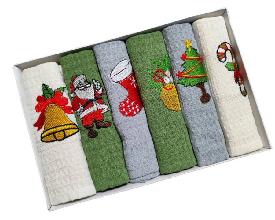 Набор новогодних полотенец кухонных Nilteks 6 штук 40х60 вафельные с вышивкой Christmas 6