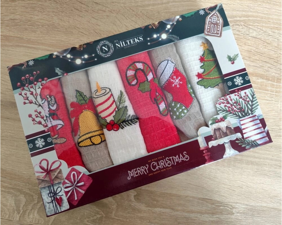 Набор новогодних полотенец кухонных Nilteks 6 штук 40х60 вафельные с вышивкой Christmas 2