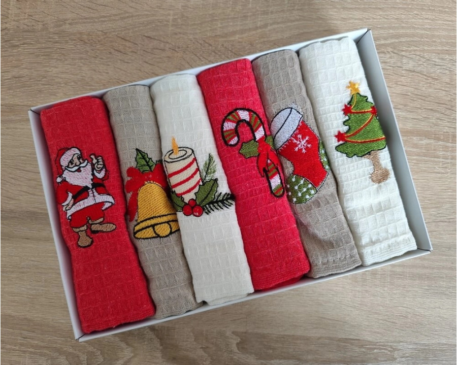 Набор новогодних полотенец кухонных Nilteks 6 штук 40х60 вафельные с вышивкой Christmas 2