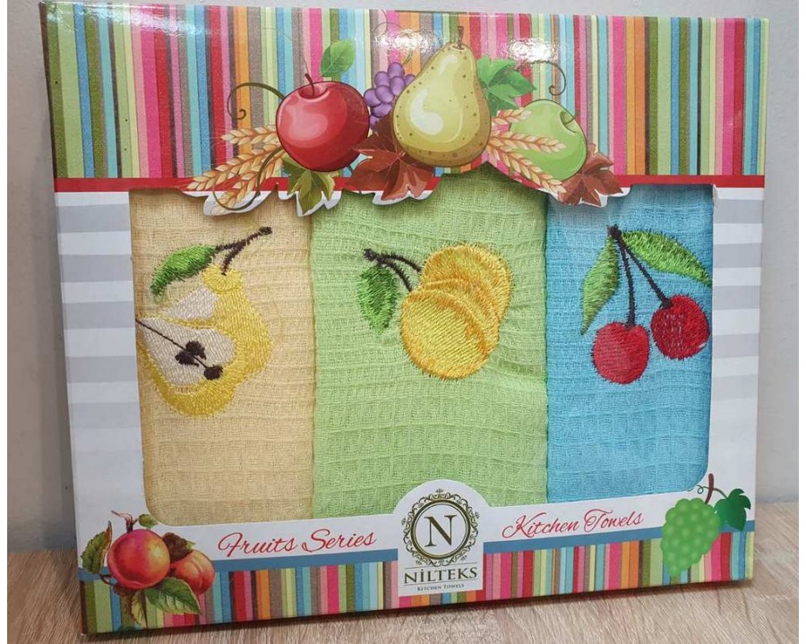 Набор полотенец кухонных 30х50 Nilteks 3 штуки вафельные с вышивкой Fruta V1