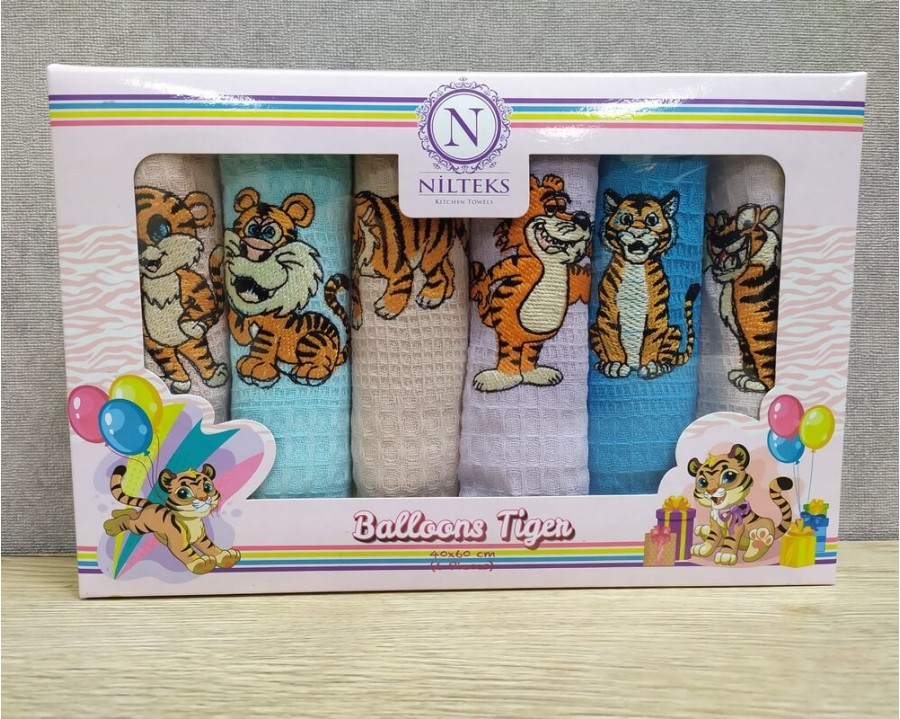 Набор новогодних полотенец кухонных Nilteks 6 штук 40x60 вафельные с вышивкой Balloons Tiger