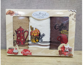 Набір рушників кухонних 30х50 см Cotton Deluxe 3 штуки махрові з вишивкою Кава 1