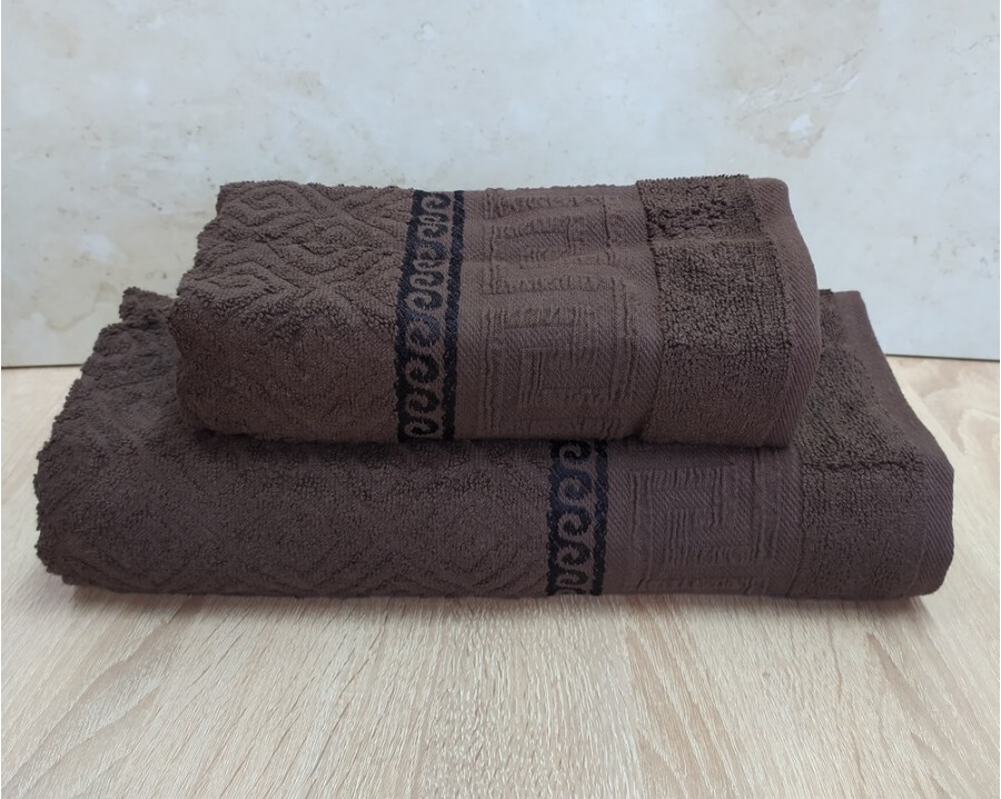 Набор махровых полотенец турецких Gulcan 50х90+70х140  Jacquard Cotton Lux Yeni Grek Brown