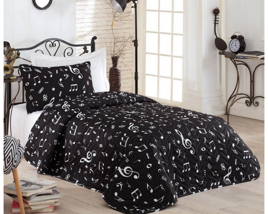 Покрывало стеганое Eponj Home B&W Melodiy Siyah 160х220 с наволочкой 50х70