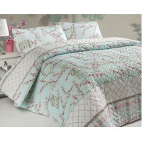 Покривало стьобане Eponj Home Birdcage Turkuaz 160х220 з наволочкою 50х70