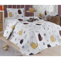 Покрывало стеганое Eponj Home Hello Cats Beyaz 160х220 с наволочкой 50х70
