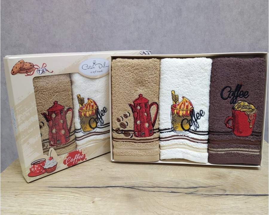 Набор полотенец кухонных 30х50 см Cotton Deluxe 3 штуки махровые с вышивкой Кофе 1