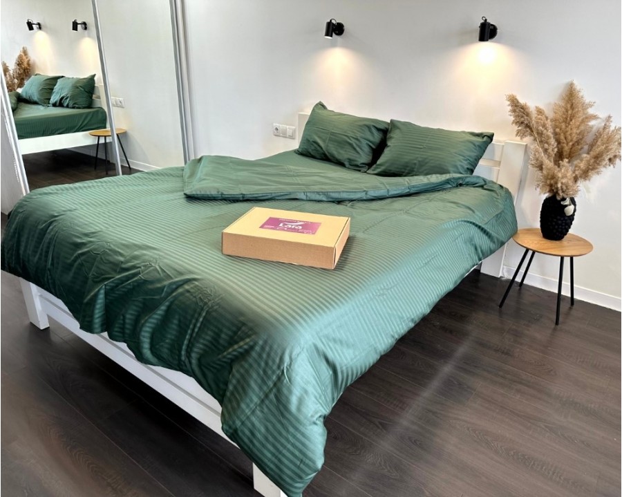 Постельное белье LARA d13183e160 green сатин-страйп LUX с простынью на резинке 160х200х25 евро