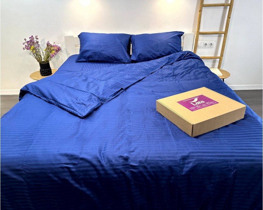 Постільна білизна LARA d13211e180 dark blue сатин-страйп LUX з простирадлом на резинці 180х200х25 євро