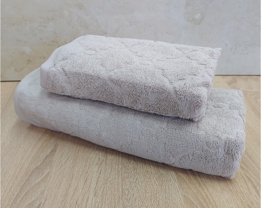 Набор махровых полотенец турецких Gulcan 50х90+70х140  Jacquard Cotton Lux Motif Light Beige