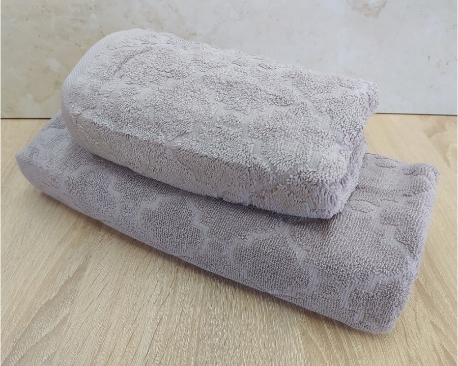Набор махровых полотенец турецких Gulcan 50х90+70х140  Jacquard Cotton Lux Motif Beige Purple