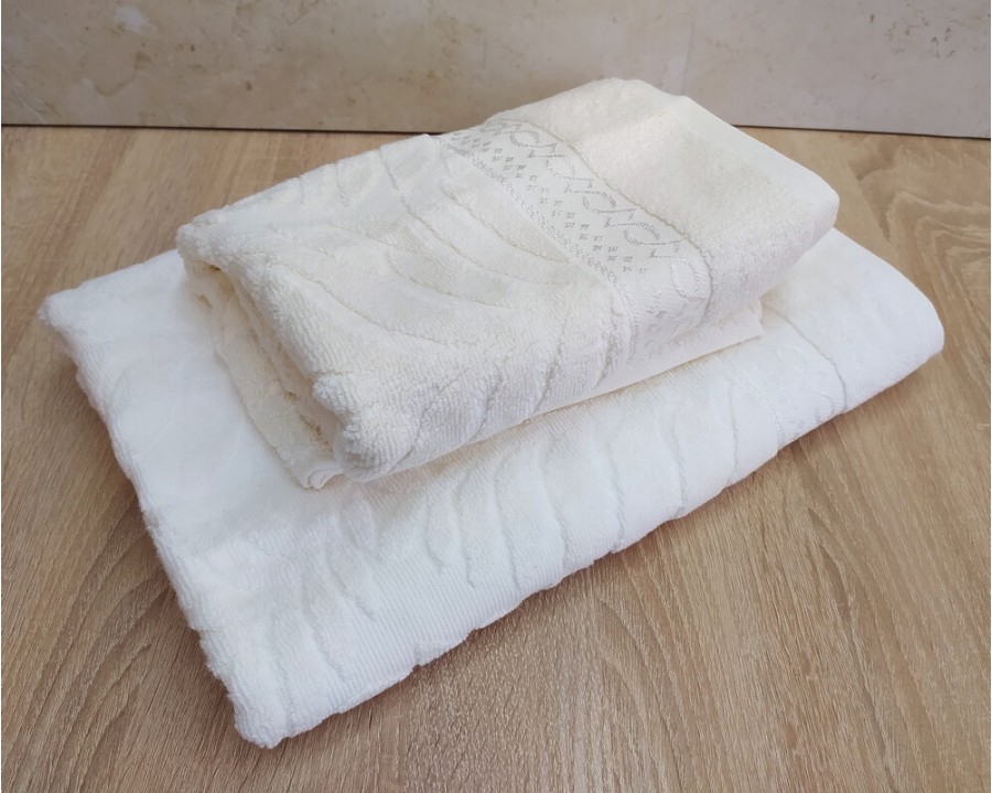 Набор махровых полотенец турецких Gulcan 50х90+70х140  Jacquard Cotton Lux Akasya Krem