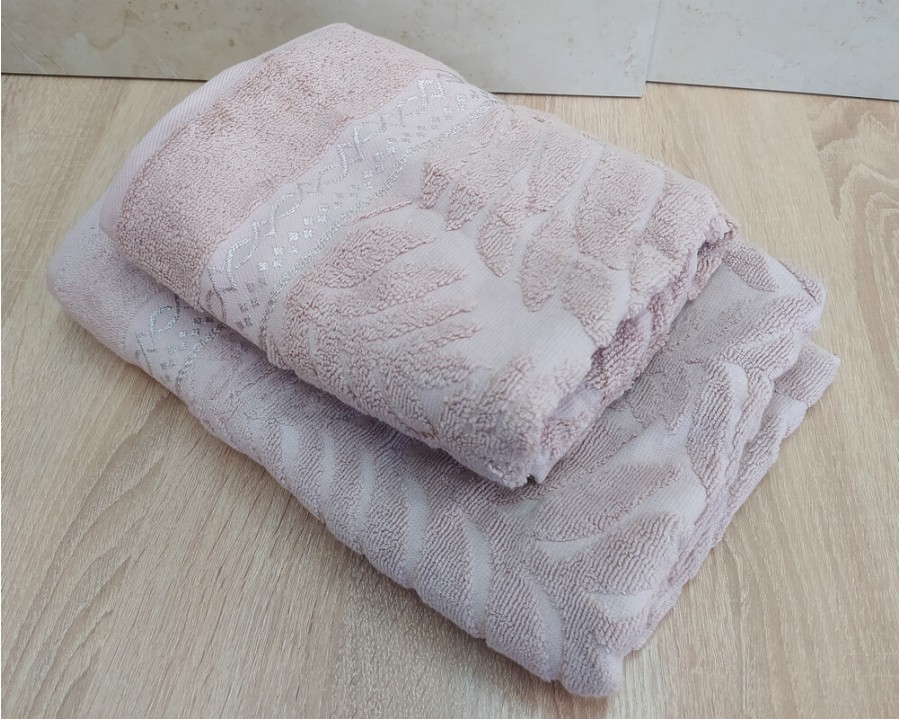 Набор махровых полотенец турецких Gulcan 50х90+70х140  Jacquard Cotton Lux Akasya Pudra