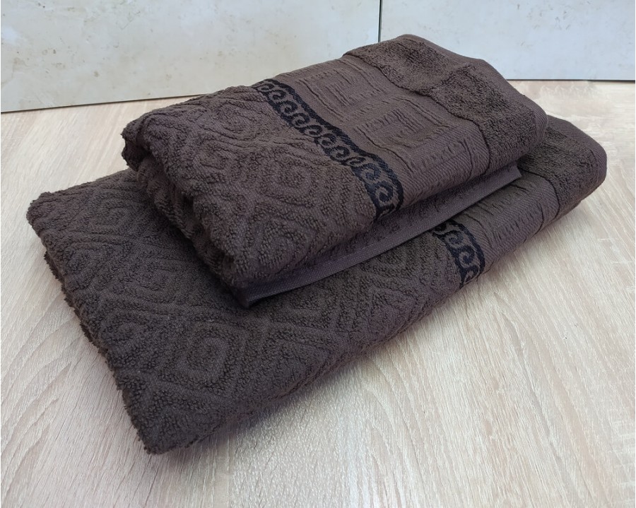 Набор махровых полотенец турецких Gulcan 50х90+70х140  Jacquard Cotton Lux Yeni Grek Brown